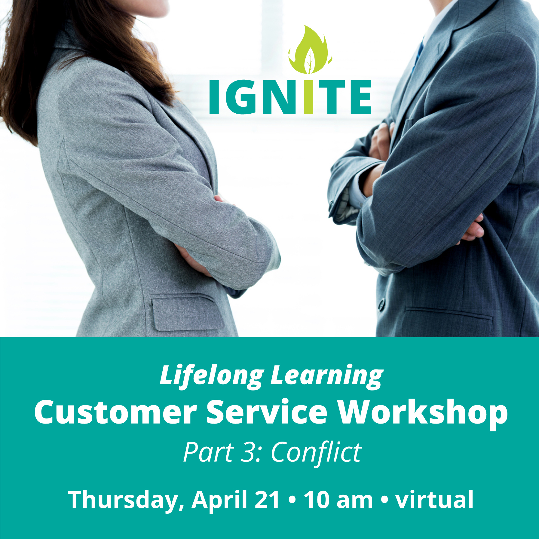 Two people in suits facing each other with their arms crossed