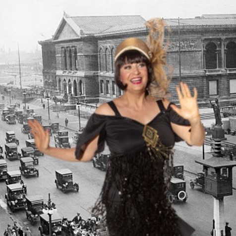 Actress dressed as 1920s flapper before historical photo of Chicago
