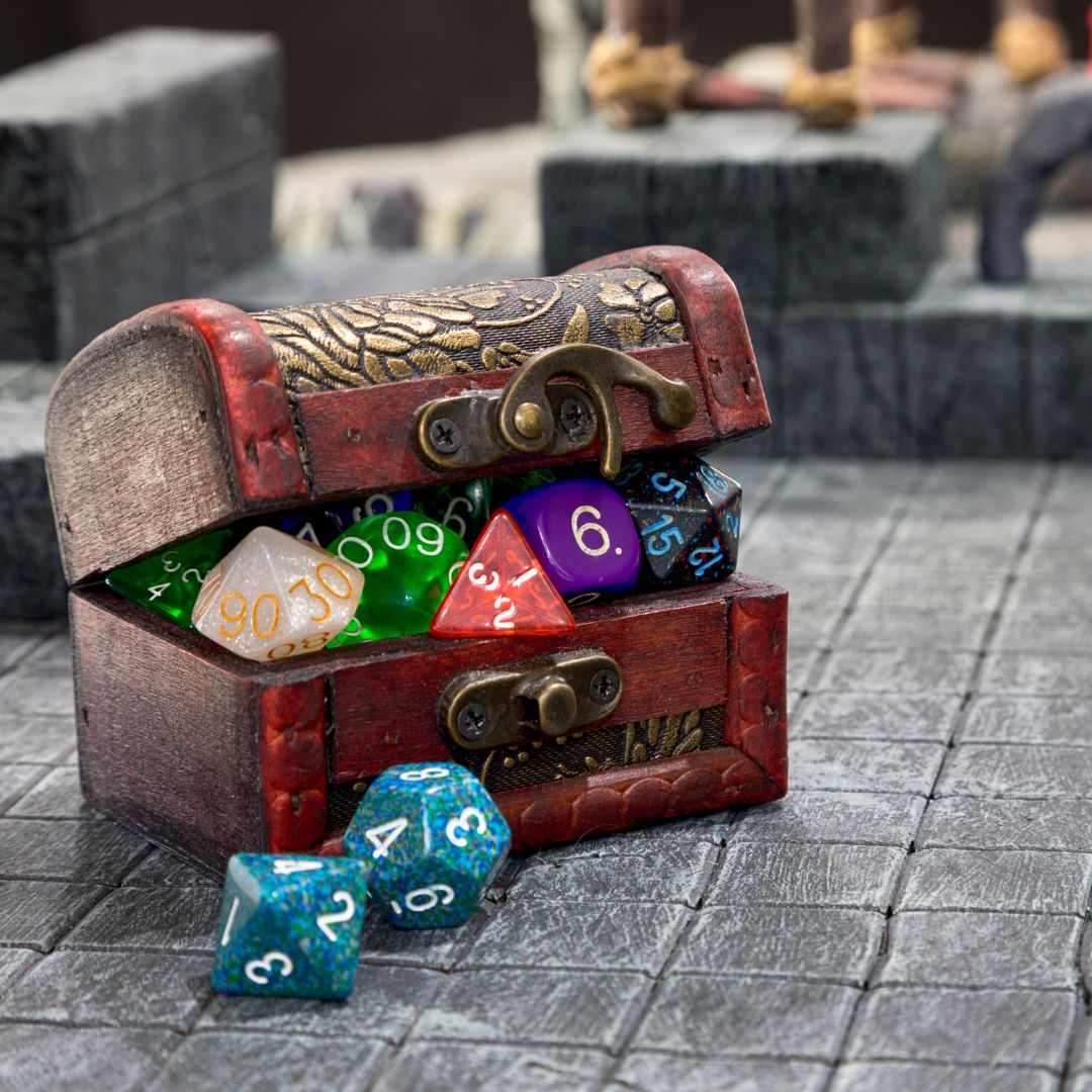 D&D dice in a chest
