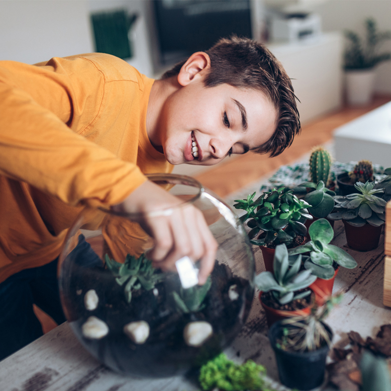 Teenager creating a terrarium