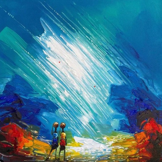 Acrylic painting of rain and people in Ghana