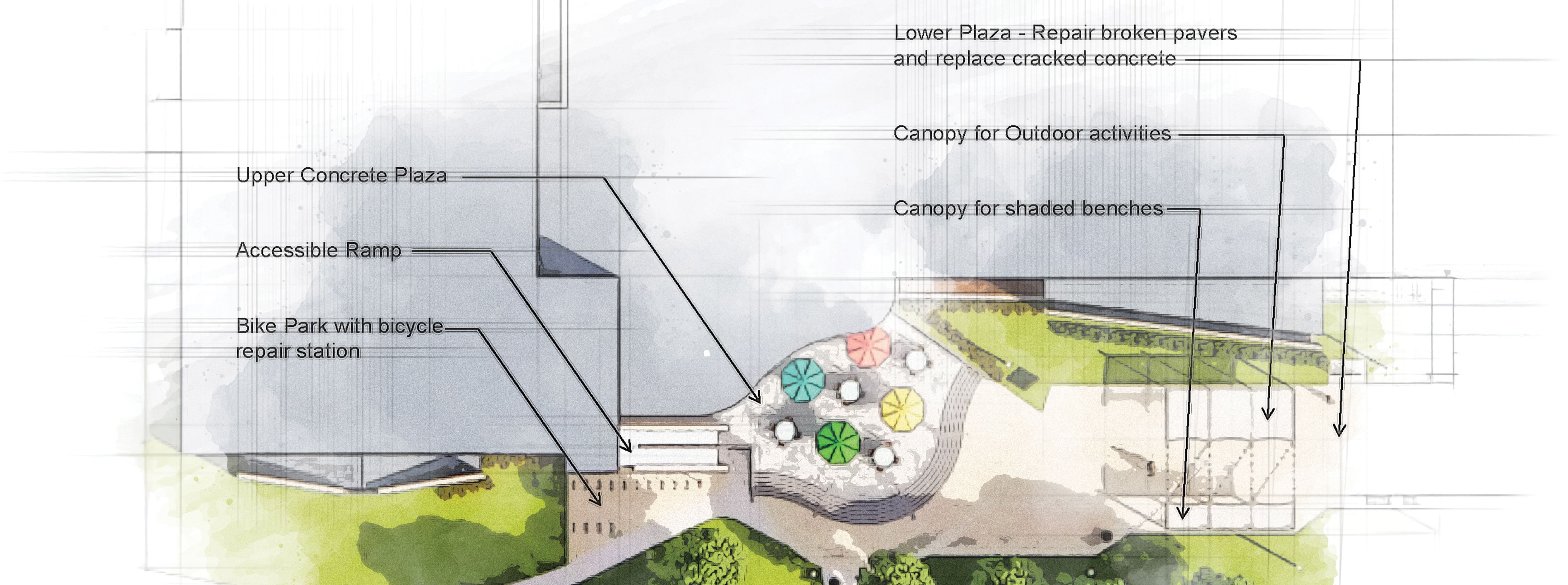 West Plaza exterior view from above with updates being made