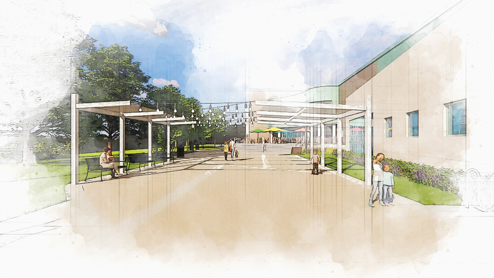 West Plaza exterior view from far end of building