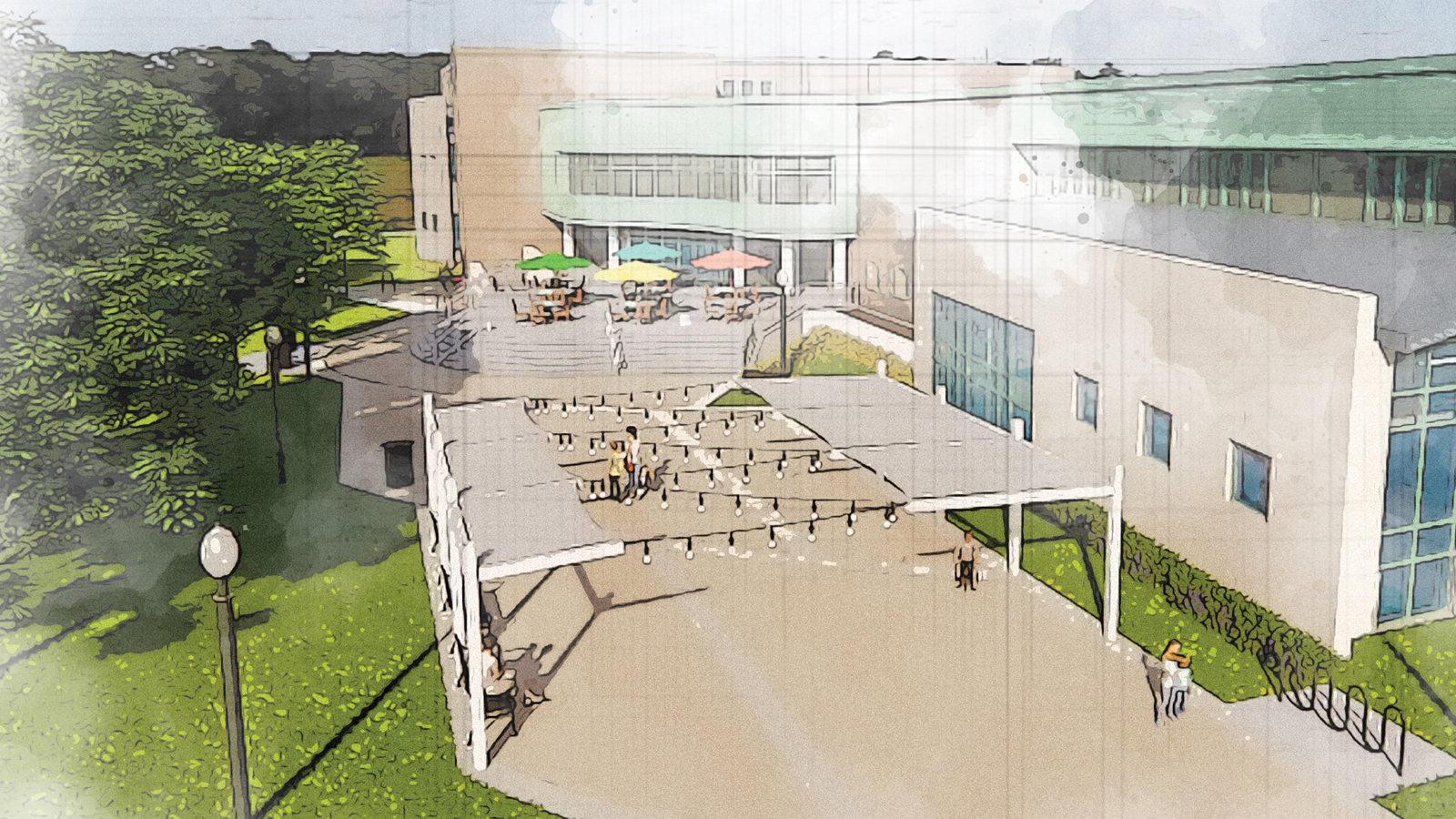 West Plaza exterior view from above building