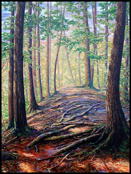 Painting of trees in the woods.