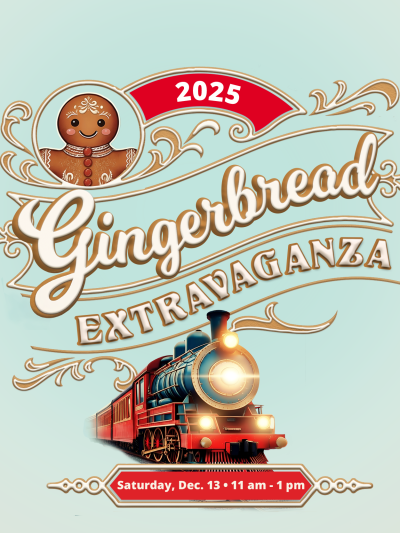 "Gingerbread Extravaganza" Text on mint background with train and gingerbreadman