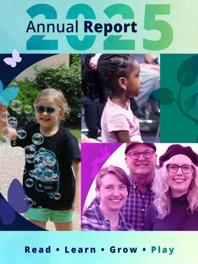 Picture of two children and a group of adults attending various library events