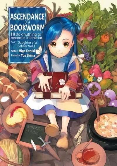 Book cover: a young girl with blue hair sits surrounded by various food dishes and items for daily life, while she holds a thick, leather-bound book.