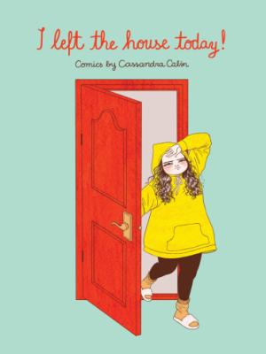 Image of a woman in a yellow hoodie and slipper walking through a red door onto a green background.