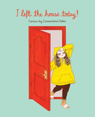 Image of a woman in a yellow hoodie and slipper walking through a red door onto a green background.