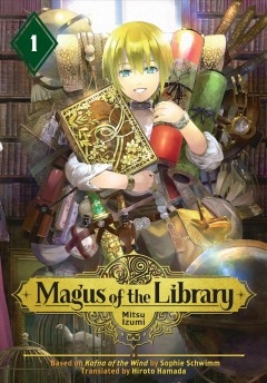 A young boy with blonde hair and pointed ears, wearing a traveling pack and holding a large, ornate book. The boy is smiling broadly.
