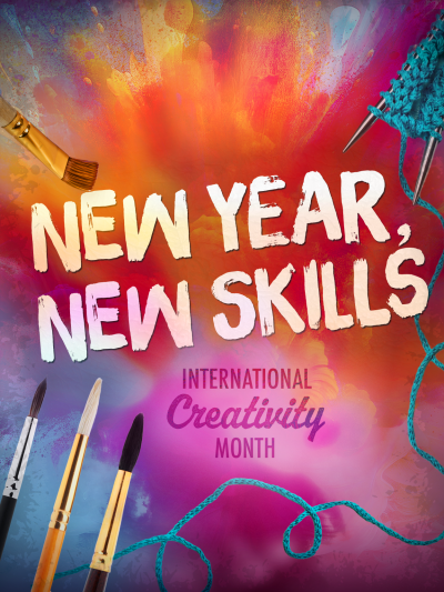 "New year, new skills" text on tie dye background with art supplies