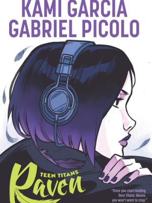 A teenage girl with extremely pale white skin, purple and black hair in a bob cut, with purple eyeshadow and almost black lips, faces sideways on the cover with large black headphones on. 