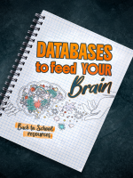 Notebook with text "Databases to feed your brain - back to school resources"
