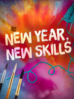 "New year, new skills" text on tie dye background with art supplies
