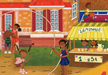 Children playing jump rope with a lemonade stand nearby