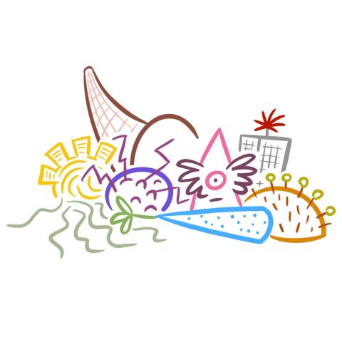 Cartoon drawing of various foods