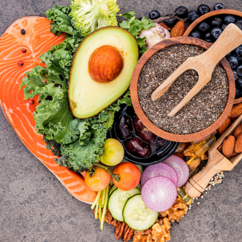 Healthy foods arranged in heart shape