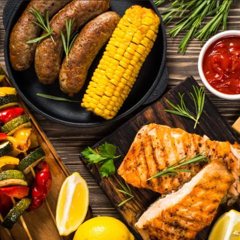 Grilled vegetables, meat and fish