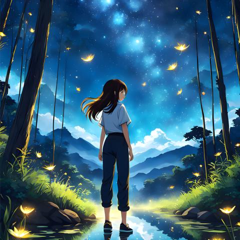 Anime drawn teen girl walking at night in a forest