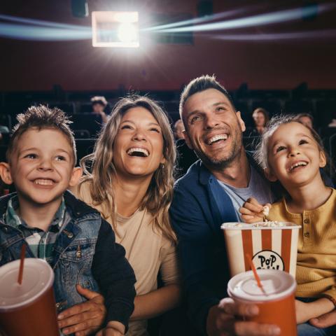 Family of four watching a movie at a theater