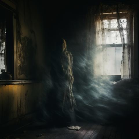 ghostly figure lit by window
