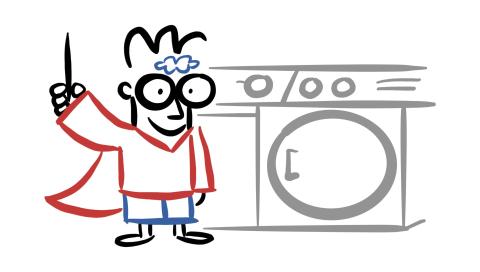 cartoon wizard in front of a washer