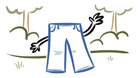 cartoon drawing of jeans with arms in front of trees