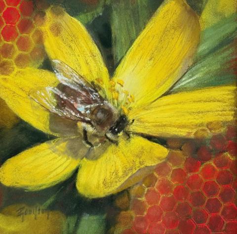 Pastel painting of yellow flower with bee by Pamela Hamilton