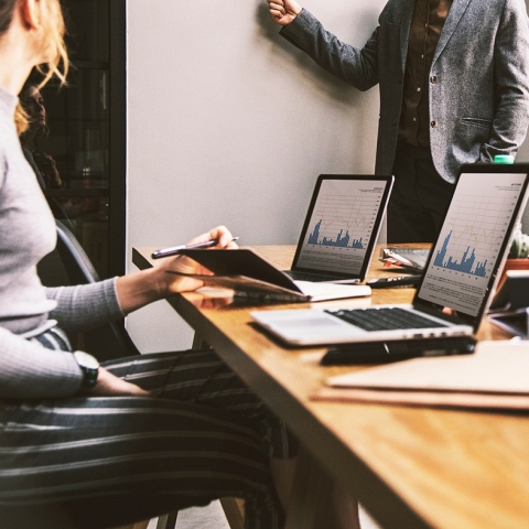 woman at business meeting looking at data on computer