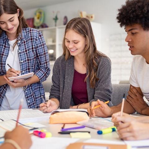 Group of teens studying at a table