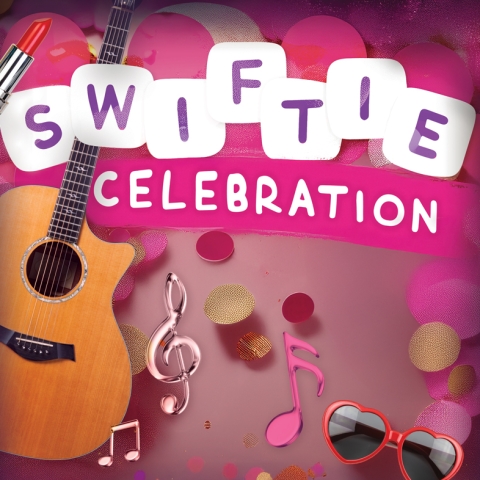 "Swiftie Celebration" Text on pick background with guitar and hear sunglasses