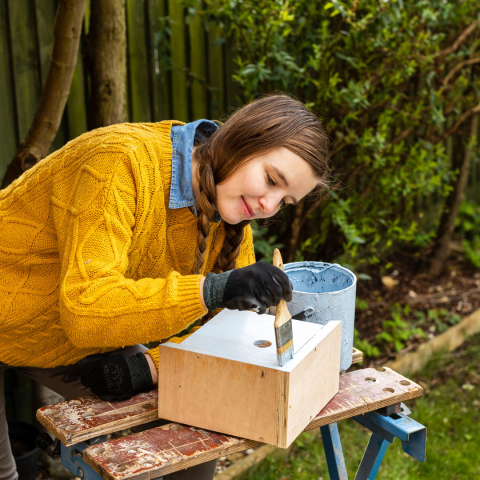 Teen girl painting a birdhouse outside