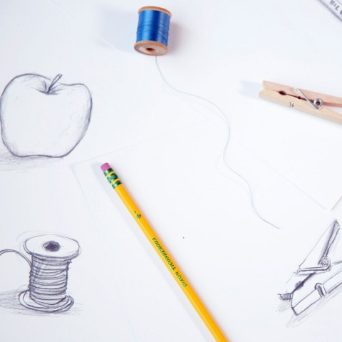 drawings of apple, spool, clothespin and objects plus pencil