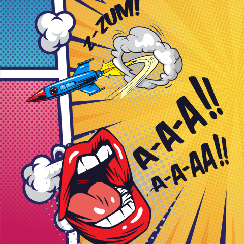 Comic book page style graphics with a mouth, flying plane, and action phrases 