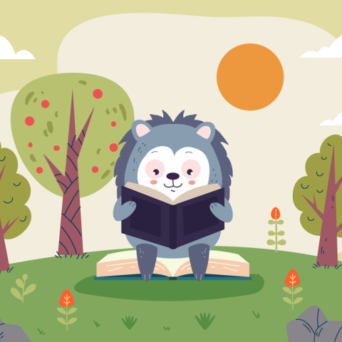 Cartoon hedgehog reading outside