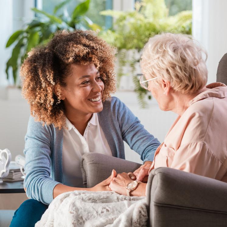 Person talking with caregiver