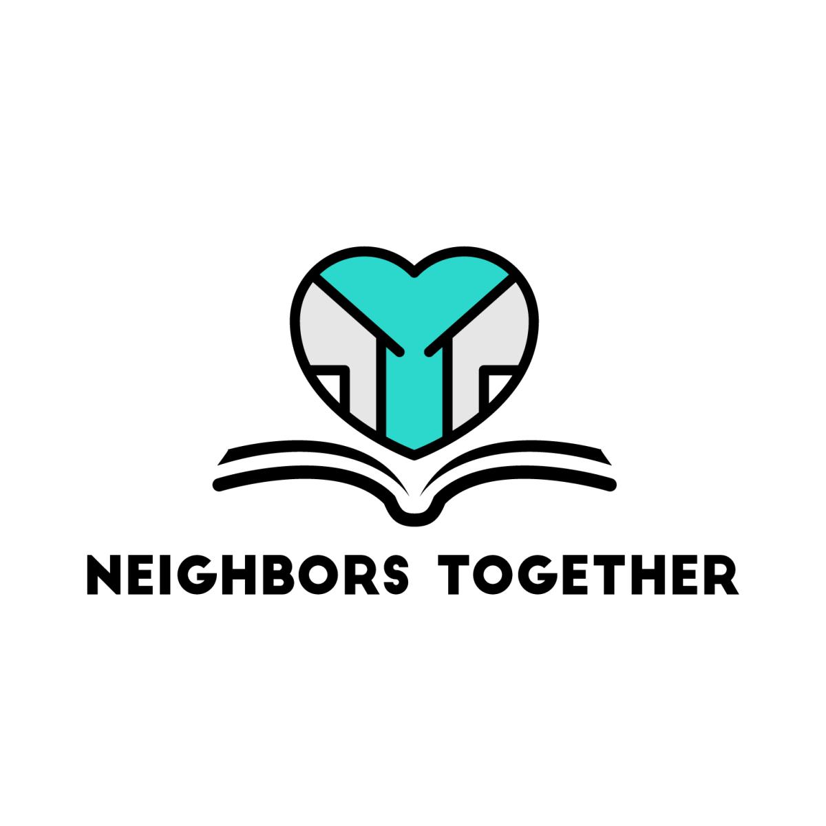 Neighbors Together text under a heart with two houses on the inside
