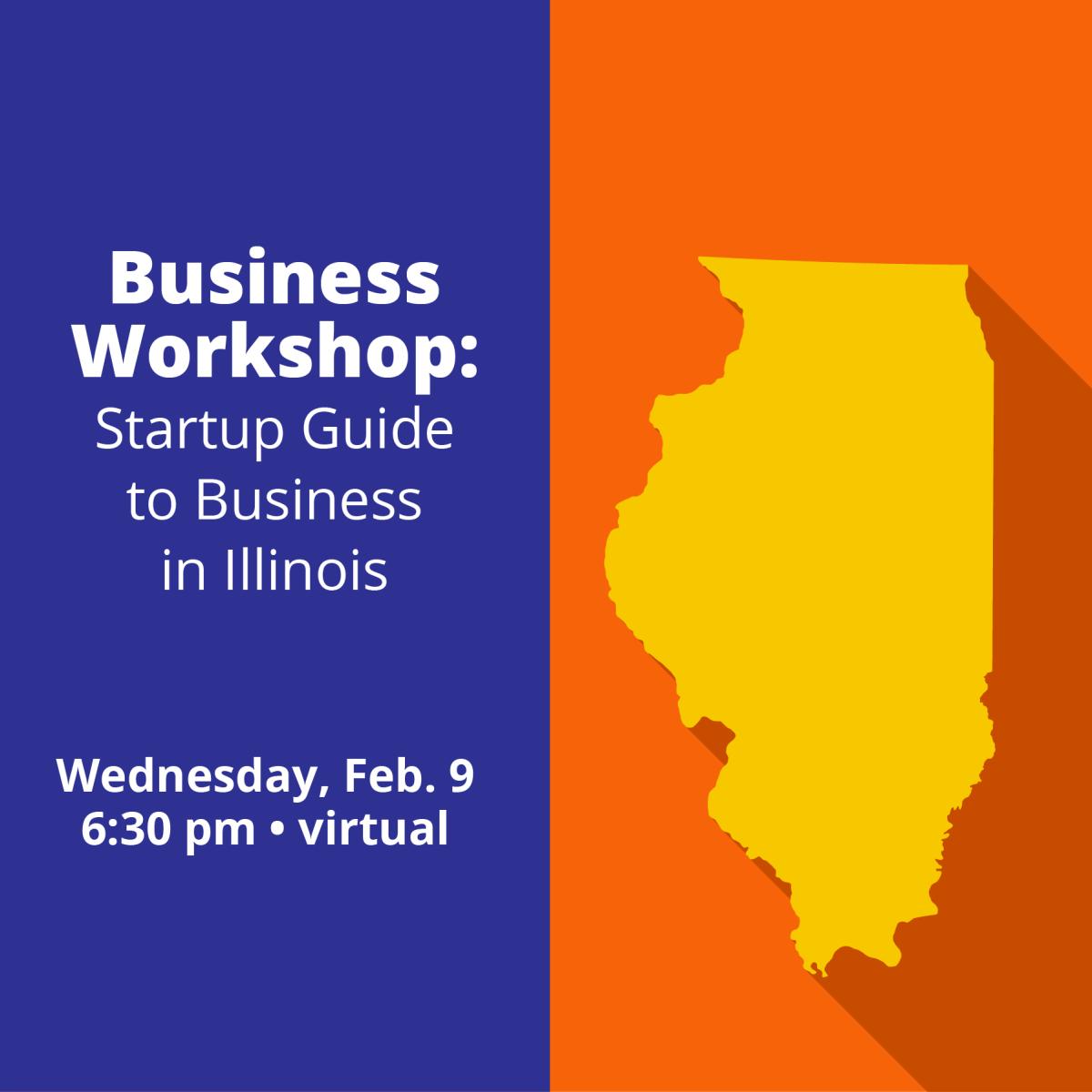 yellow state of illinois on orange background with program title on blue background