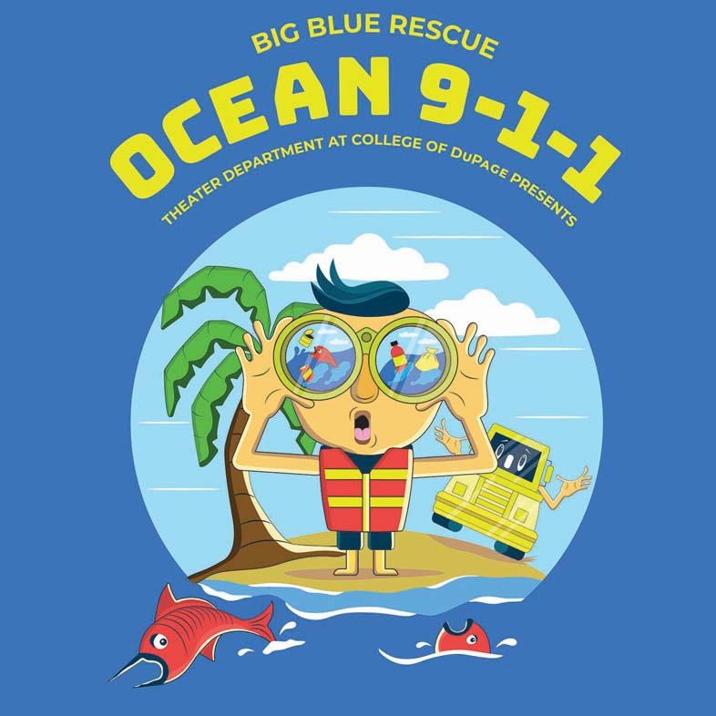 Boy on an island with a palm tree looking through binoculars