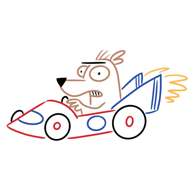 Cartoon animal in a race car