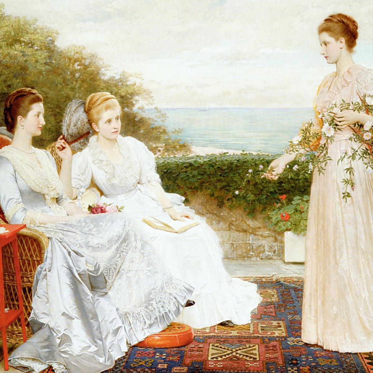 painting of 3 women in historical fashions
