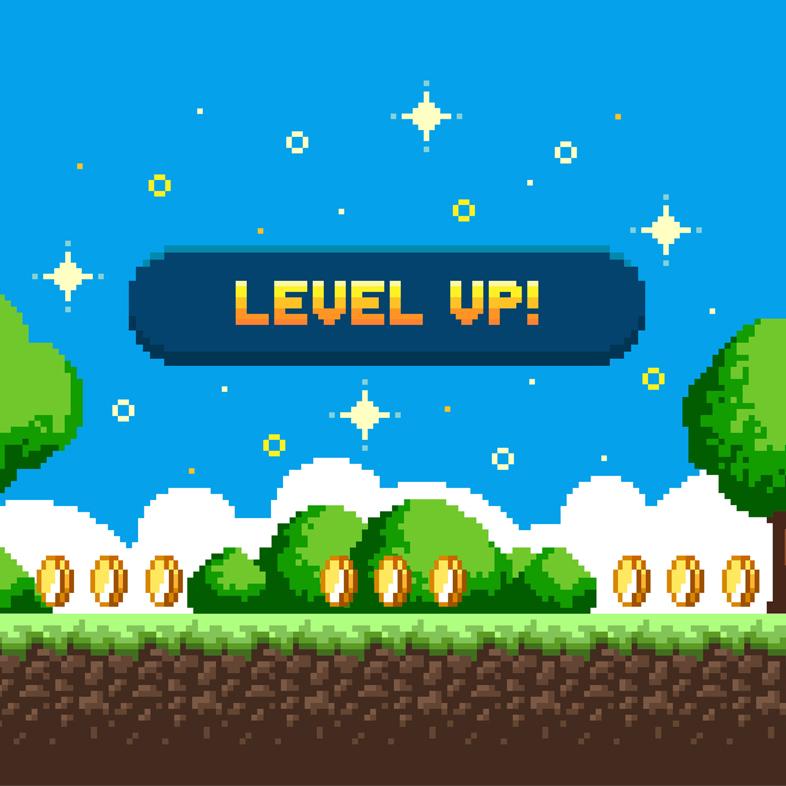 Videogame screen that says "Level Up"