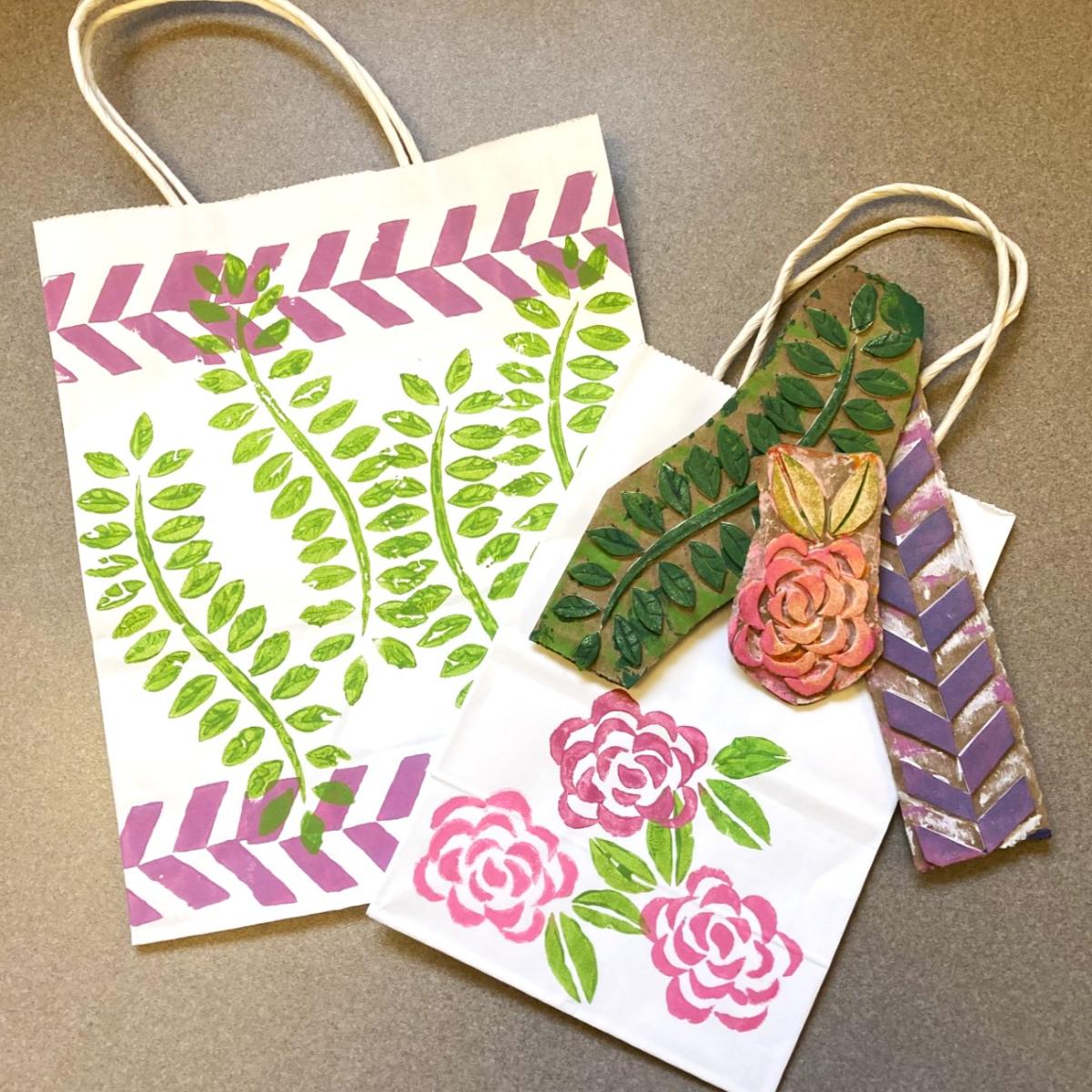 Collagraph stamps and printed gift bags