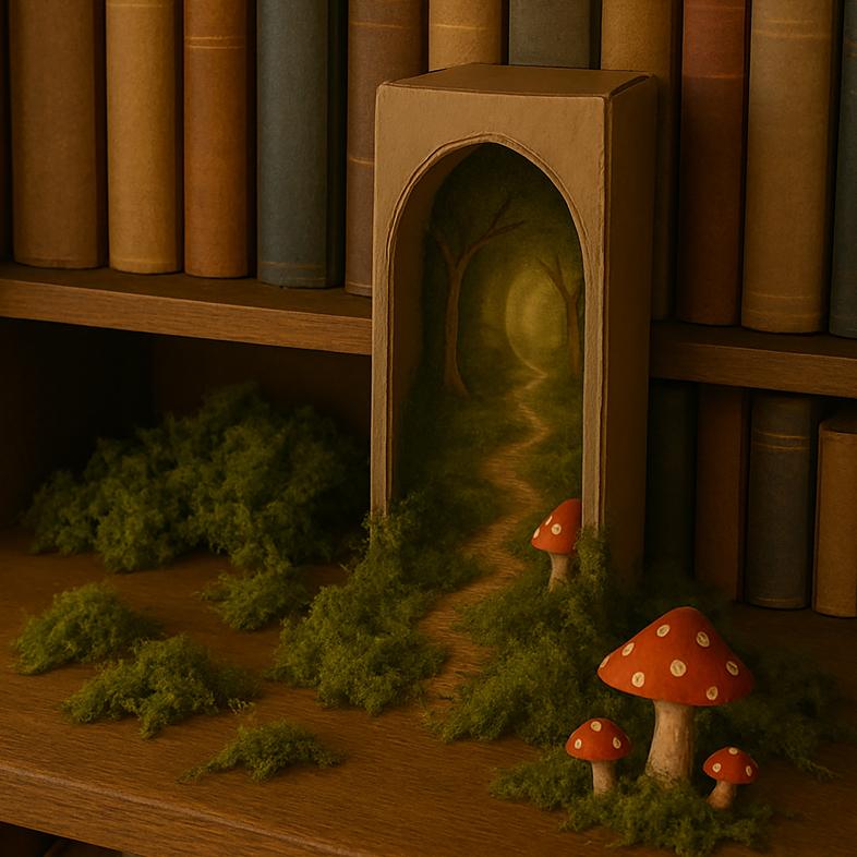 Book shelf nook with mushrooms growing