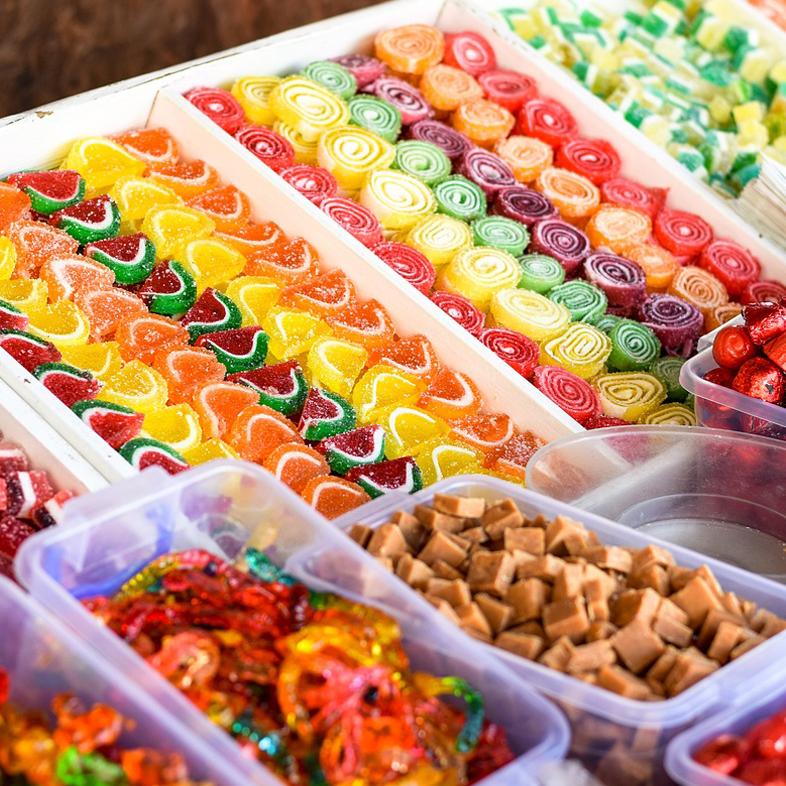 Variety of candy in trays