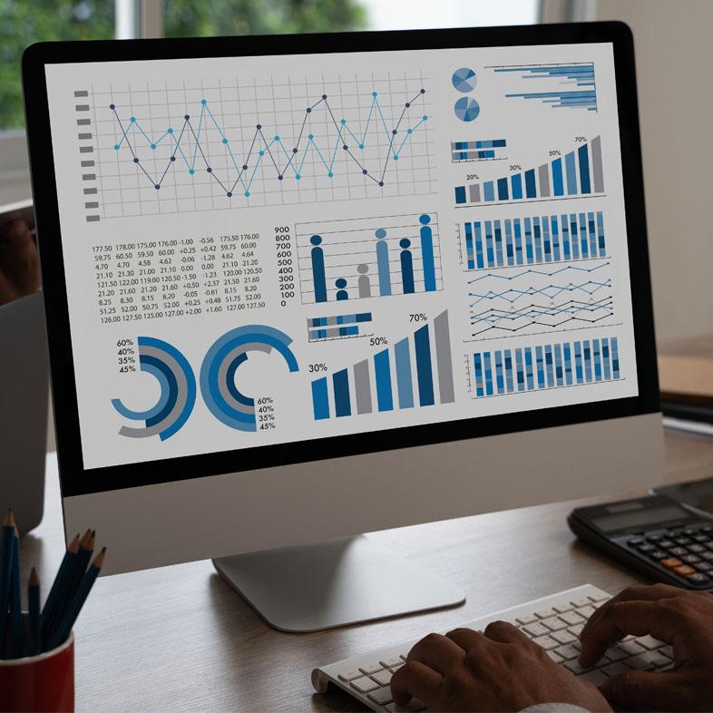Computer dashboard of graphs and charts