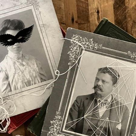 vintage portraits embroidered with mask and spiderweb