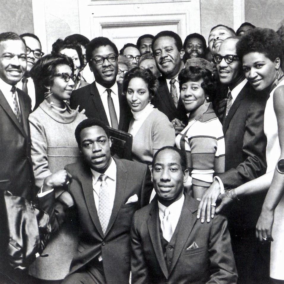 black and white image of Alice Tregay with other activists