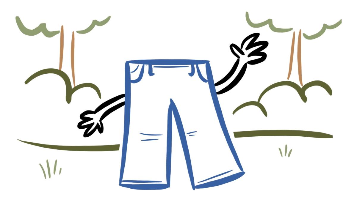 cartoon drawing of jeans with arms in front of trees